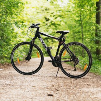 A mountain bike resting on a forest path surrounded by lush green trees in broad daylight.